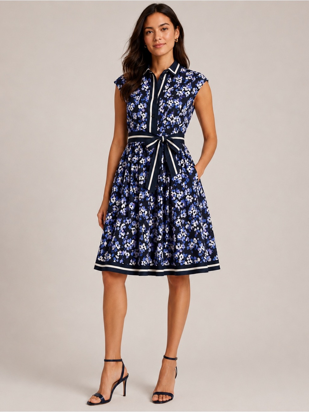 kate spade Navy Floral Tie-Waist Midi Dress with Lavender Accents
